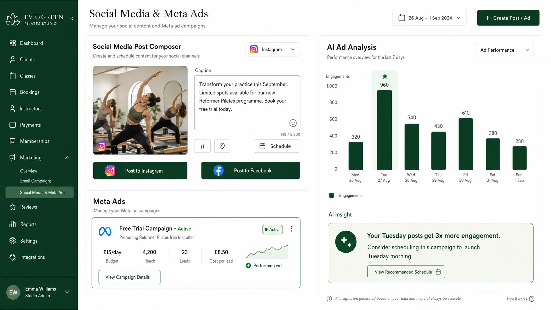 HelgoIQ social media and Meta ads dashboard